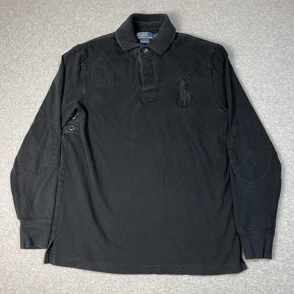 Vintage Polo Ralph Lauren Rugby Shirt Mens Medium Black Big Pony Collared Cotton